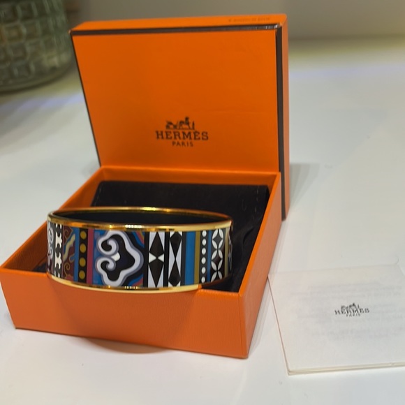 Hermes Jewelry - HERMES Blue Geo Gold Printed Enamel Wide Bangle Bracelet